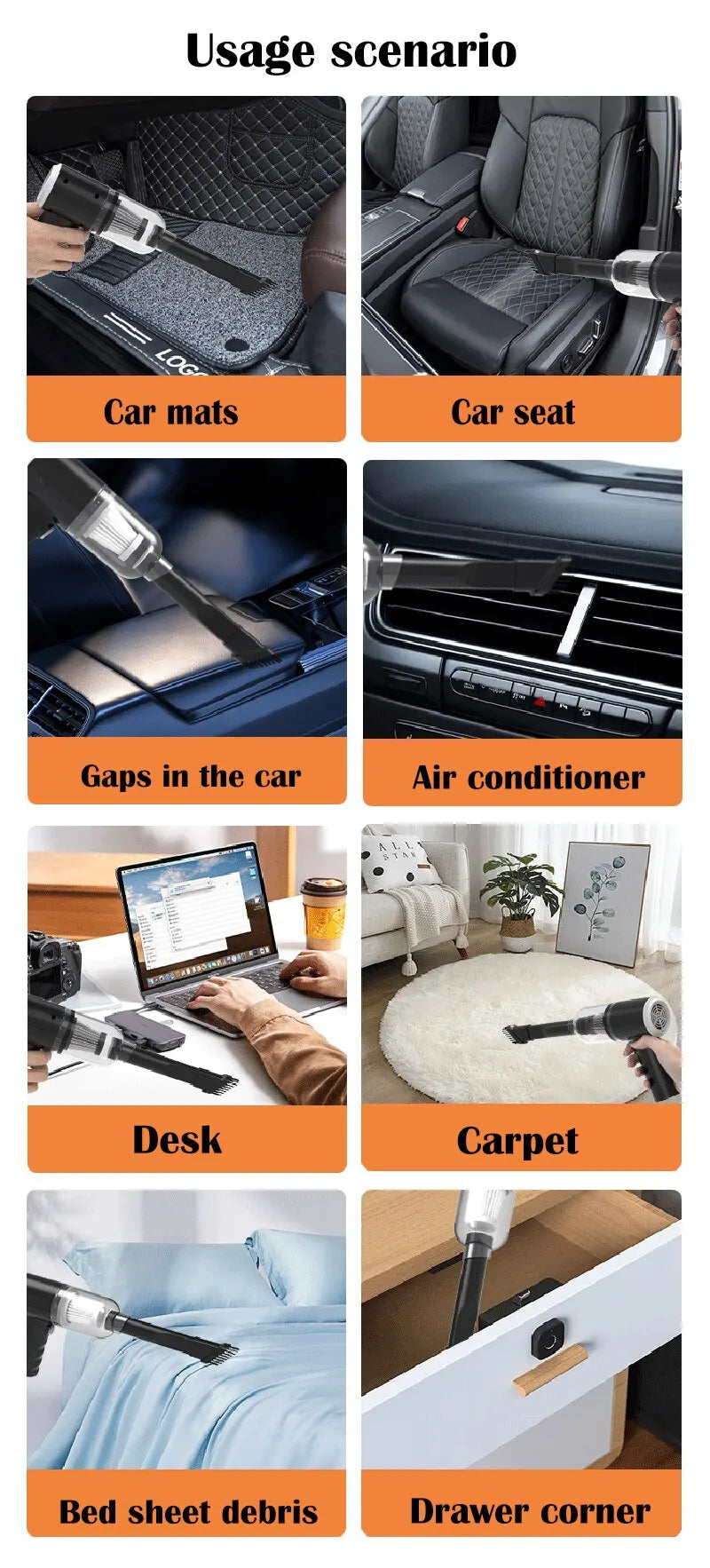 Mini aspirateur de voiture sans fil 9000 Pa batterie 1200 mAh, rechargeable par USB